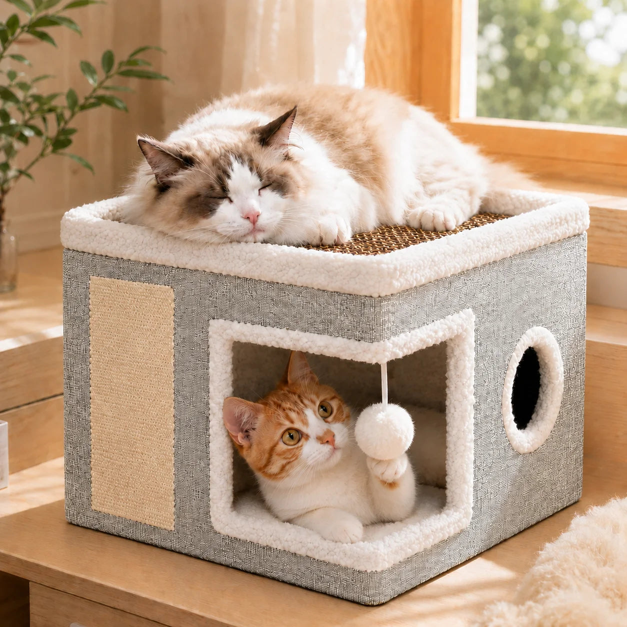 Cat Bed  Cat House for Indoor Cats with 2 Cushion, Large Cat Cave with Scratch Pad and Fluffy Ball Hanging, Light Gray