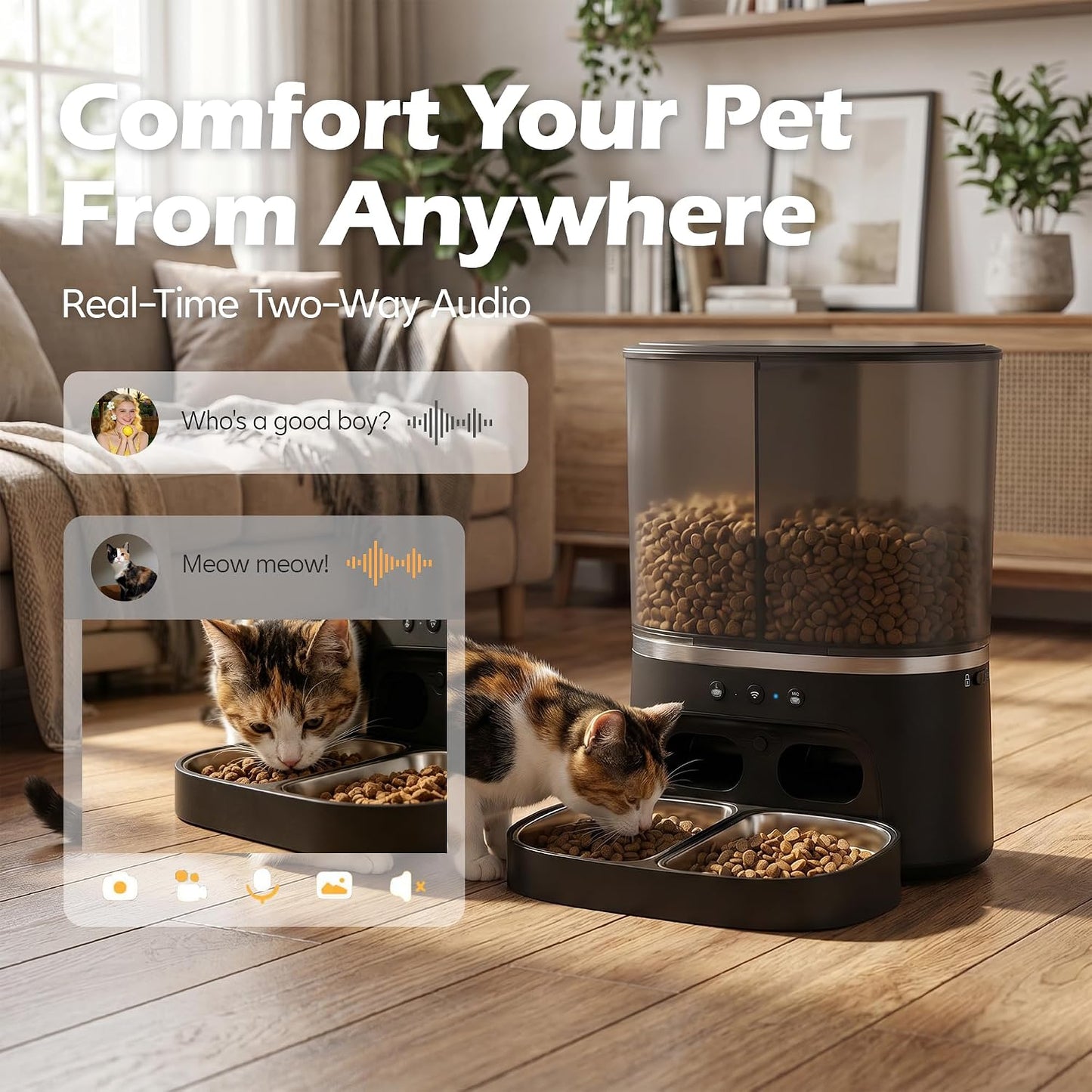 Automatic Cat Feeder with Camera, Automatic Dog Feeder Dry Food, 8L Dual Hopper Auto Cat Food Dispenser, 1080P HD Video with Night Vision/2-Way Audio/App, 5G Wifi Pet Feeder with Low Food Tray-Black