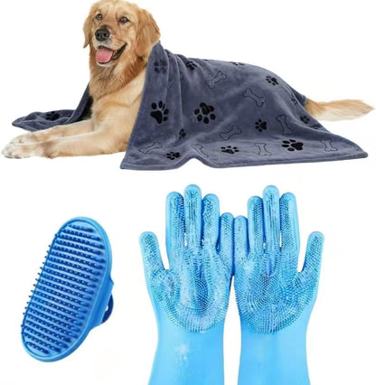 3PCS Dog Bath Supplies,Dog Bath Brush | Dog Washing Gloves | Dog Towel 40'' X 23.6'',Super Absorbent and Soft Pet Grooming Towel, Perfect Shower & Grooming Supplies for Dogs