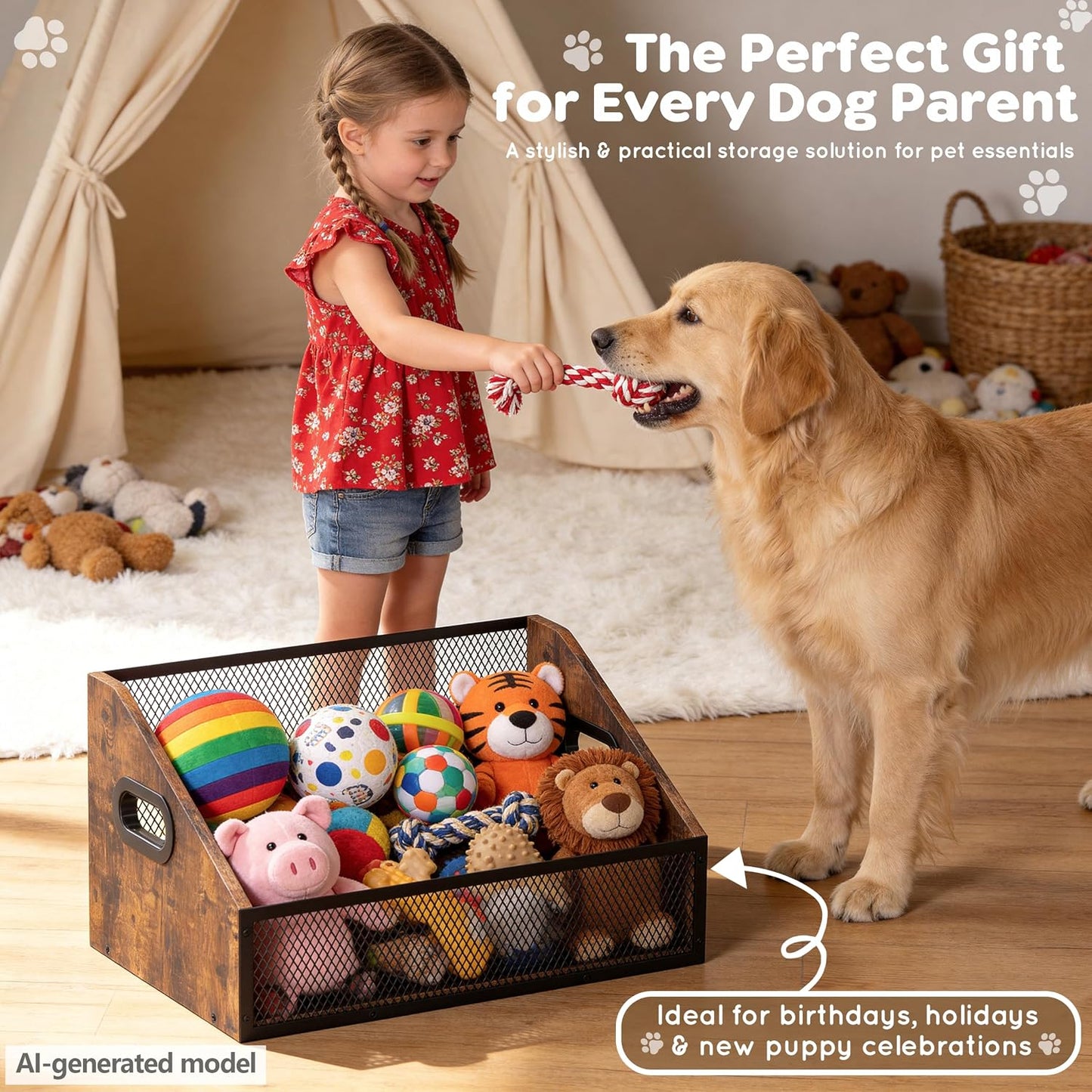 Wood Dog Toy Bin, Dog Toy Box(Rustic Brown)