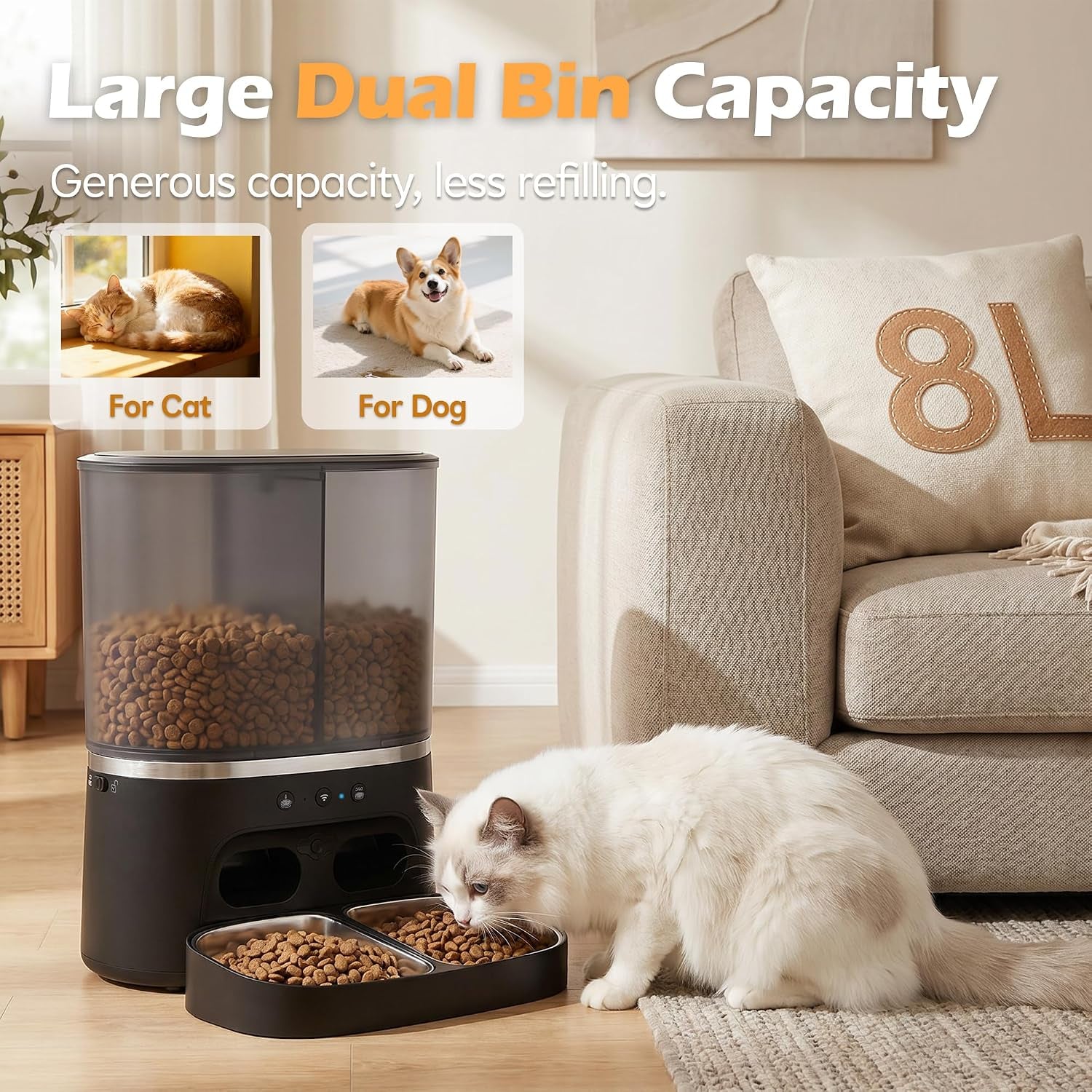 Automatic Cat Feeder with Camera, Automatic Dog Feeder Dry Food, 8L Dual Hopper Auto Cat Food Dispenser, 1080P HD Video with Night Vision/2-Way Audio/App, 5G Wifi Pet Feeder with Low Food Tray-Black