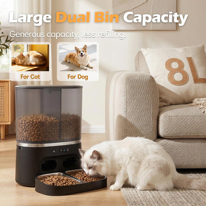 Automatic Cat Feeder with Camera, Automatic Dog Feeder Dry Food, 8L Dual Hopper Auto Cat Food Dispenser, 1080P HD Video with Night Vision/2-Way Audio/App, 5G Wifi Pet Feeder with Low Food Tray-Black