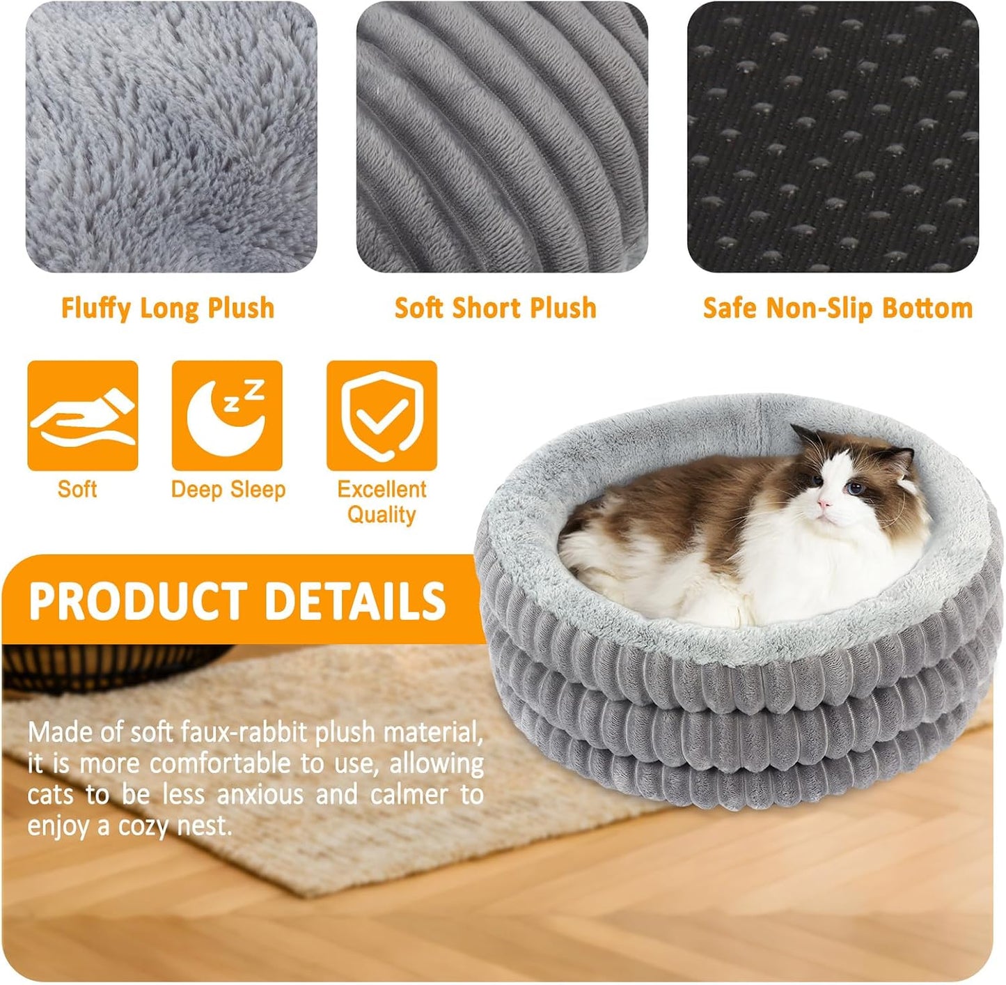 Cat Bed, 20’’ round Donut Fluffy Cat Beds for Indoor Cats and Small Dogs, Washable Deep Sleep Calming Pet Bed Kitten Bed