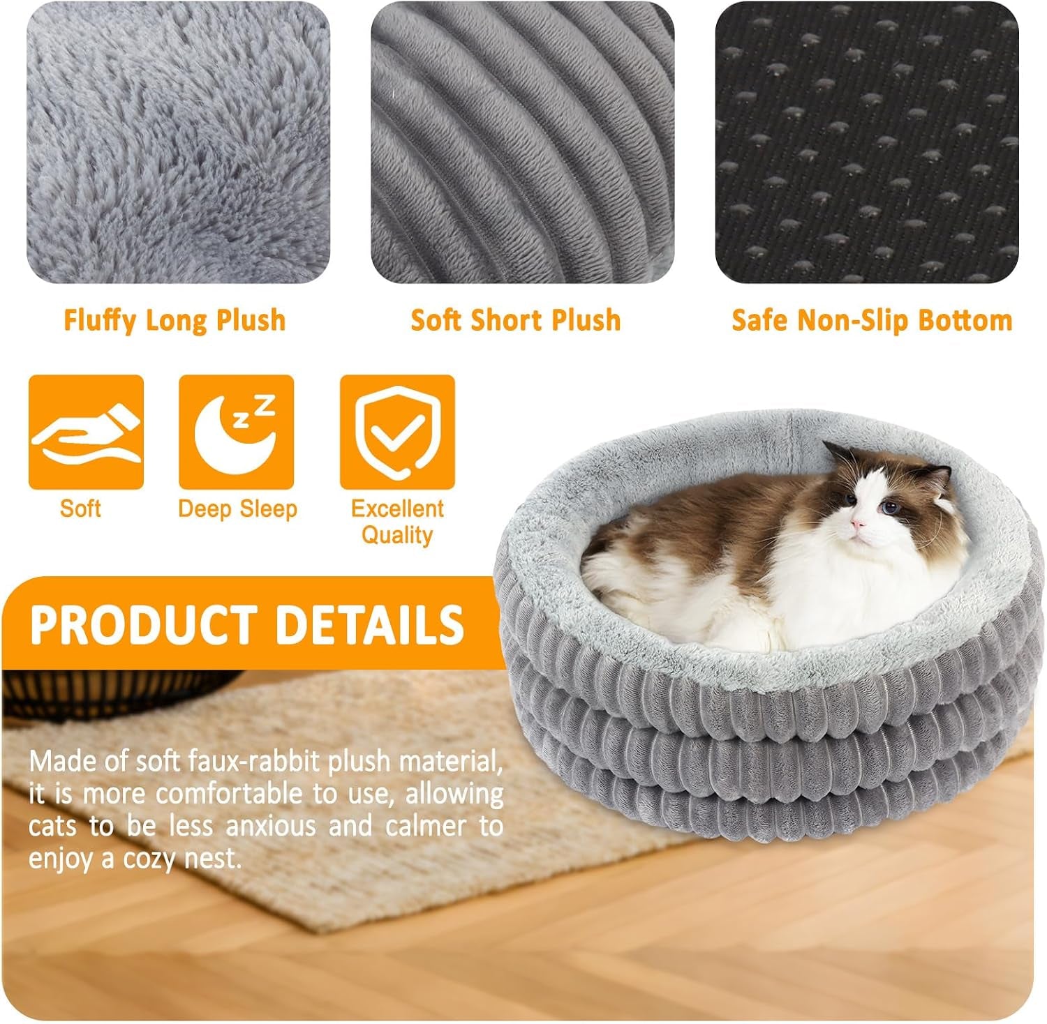 Cat Bed, 20’’ round Donut Fluffy Cat Beds for Indoor Cats and Small Dogs, Washable Deep Sleep Calming Pet Bed Kitten Bed