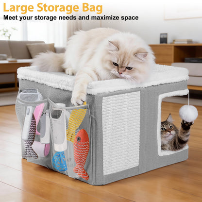 Cat Bed  Cat House for Indoor Cats with 2 Cushion, Large Cat Cave with Scratch Pad and Fluffy Ball Hanging, Light Gray