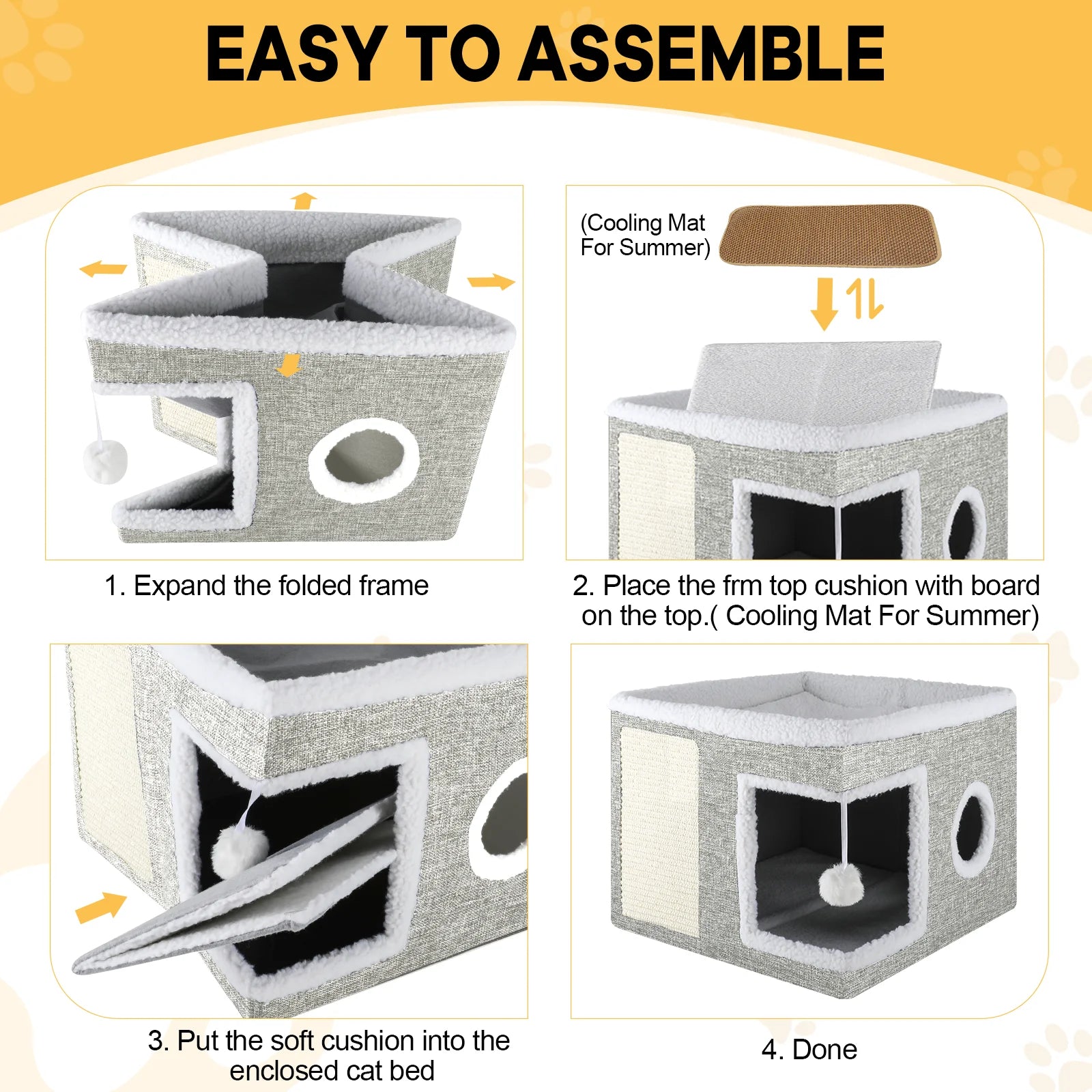 Cat Bed  Cat House for Indoor Cats with 2 Cushion, Large Cat Cave with Scratch Pad and Fluffy Ball Hanging, Light Gray
