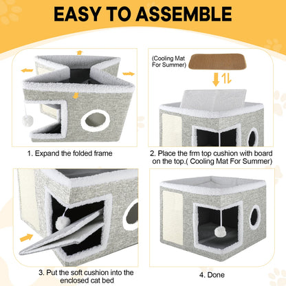 Cat Bed  Cat House for Indoor Cats with 2 Cushion, Large Cat Cave with Scratch Pad and Fluffy Ball Hanging, Light Gray