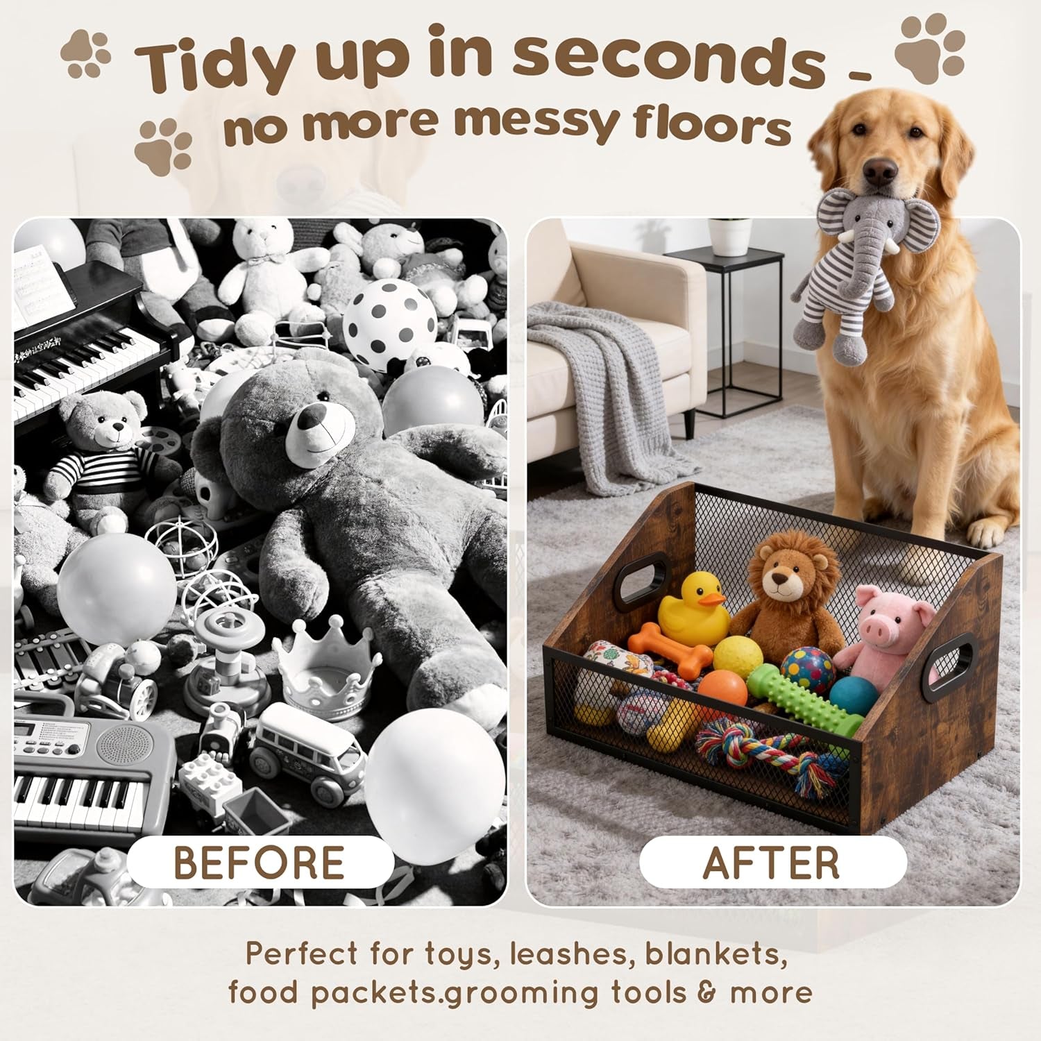 Wood Dog Toy Bin, Dog Toy Box(Rustic Brown)