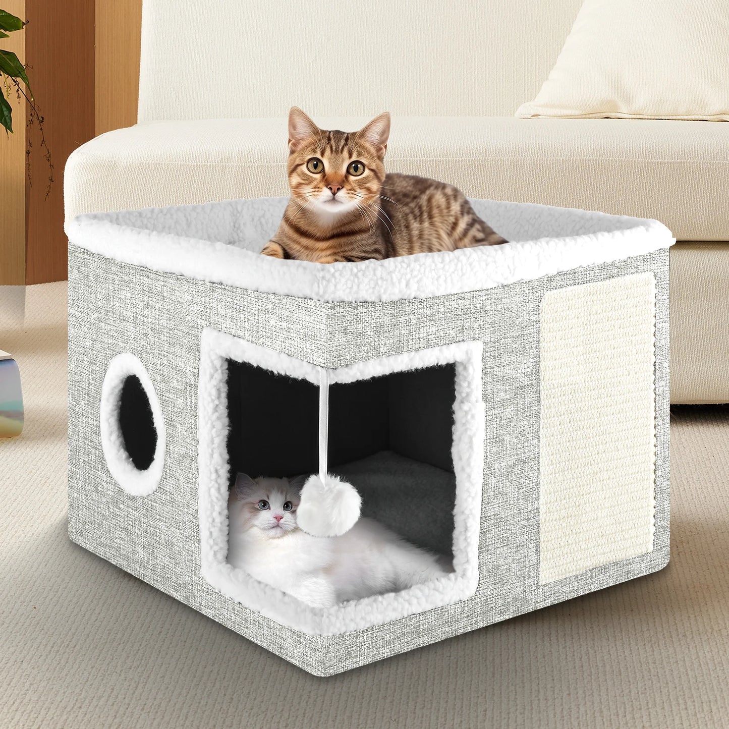 Cat Bed  Cat House for Indoor Cats with 2 Cushion, Large Cat Cave with Scratch Pad and Fluffy Ball Hanging, Light Gray