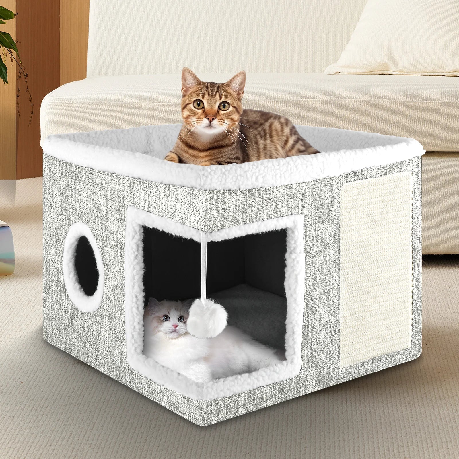 Cat Bed  Cat House for Indoor Cats with 2 Cushion, Large Cat Cave with Scratch Pad and Fluffy Ball Hanging, Light Gray