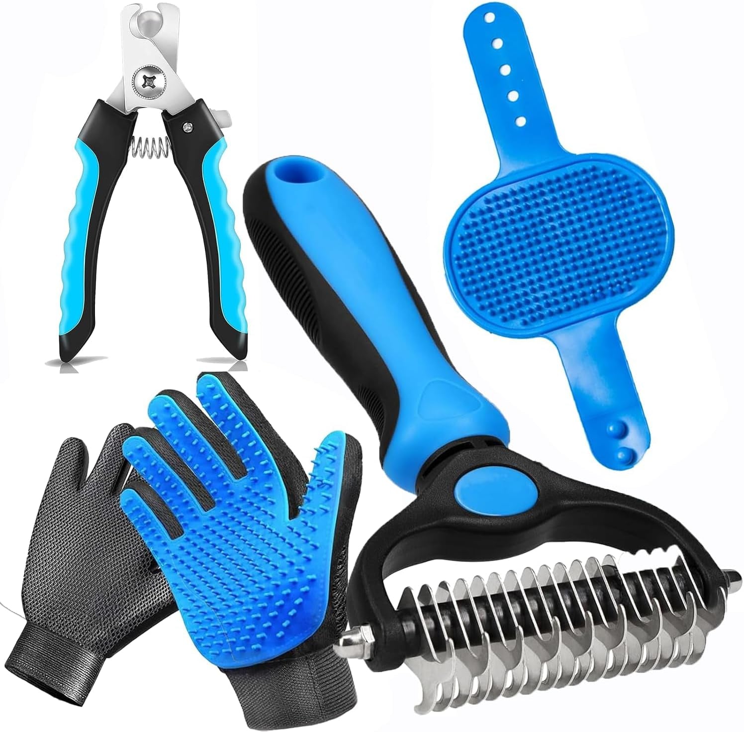 5-In-1 Pet Grooming Kit with Deshedding Rake | Includes Nail Clipper, Grooming Gloves, Massage Brush, and Tools for Brushing, Bathing, and Removing Loose Pet Hair