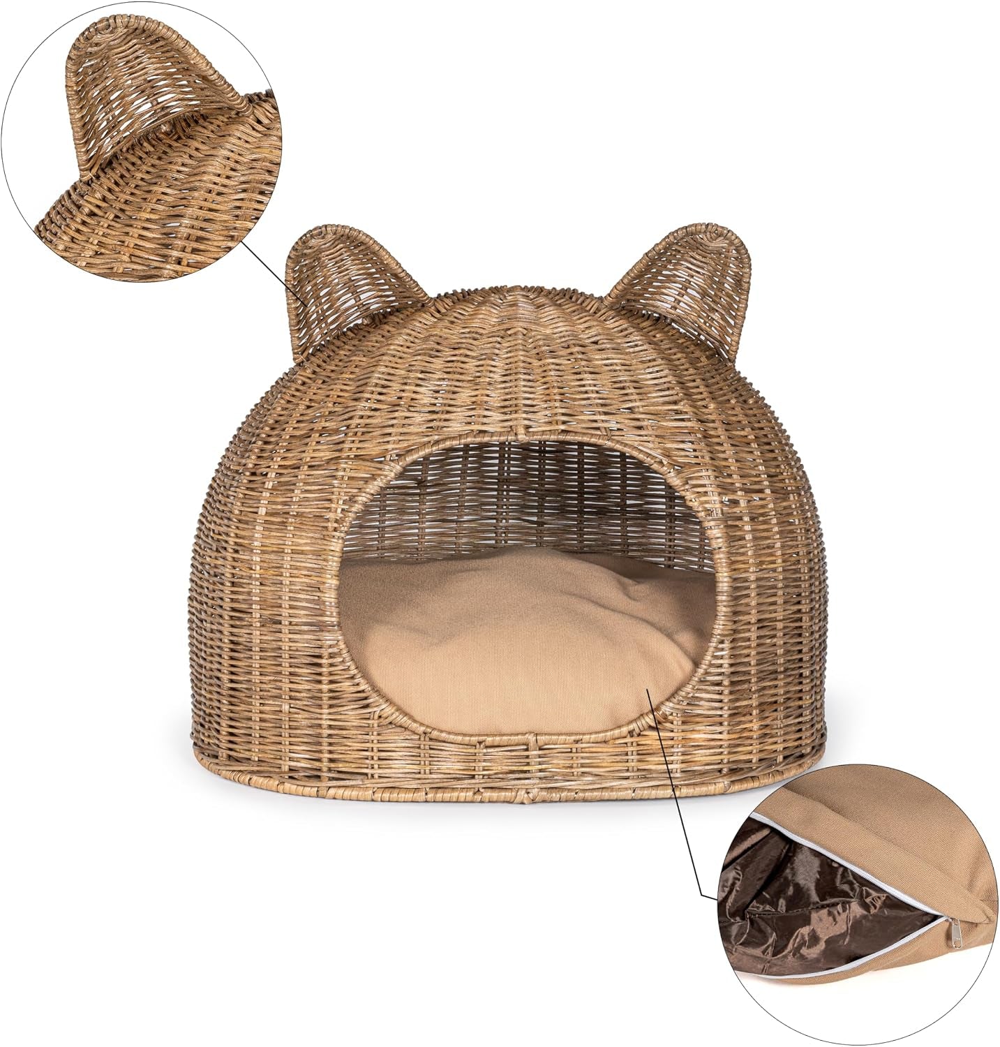 CBD1000A Cat Ear 20" X 14.5" Coastal Handwoven Rattan Cat Bed with Machine-Washable Cushion, Natural