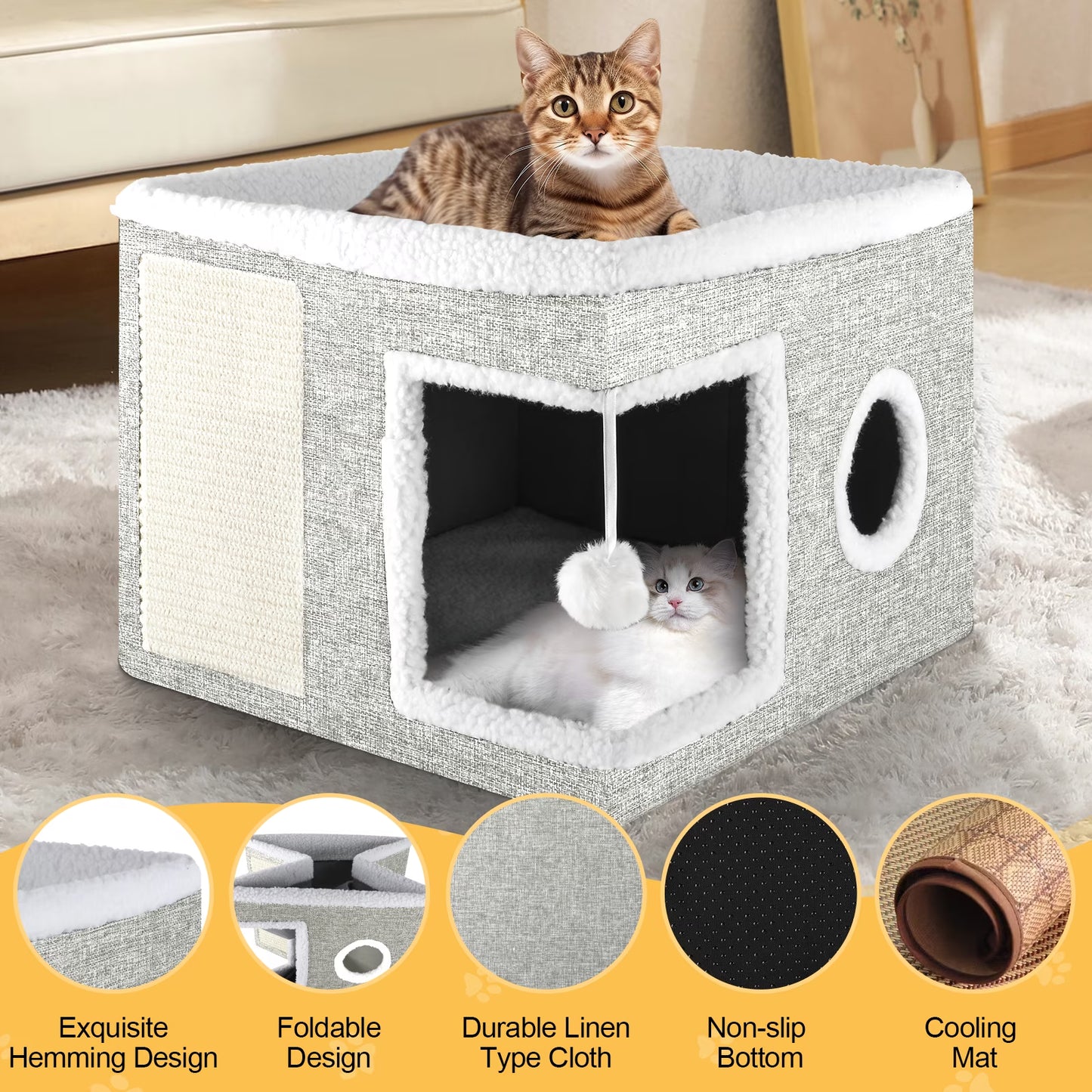 Cat Bed  Cat House for Indoor Cats with 2 Cushion, Large Cat Cave with Scratch Pad and Fluffy Ball Hanging, Light Gray