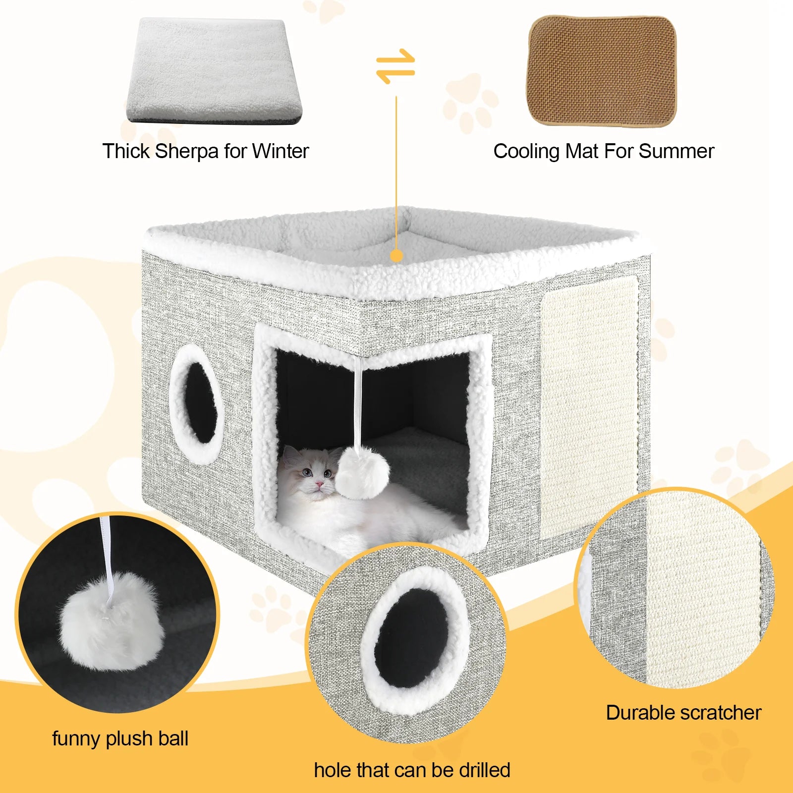 Cat Bed  Cat House for Indoor Cats with 2 Cushion, Large Cat Cave with Scratch Pad and Fluffy Ball Hanging, Light Gray