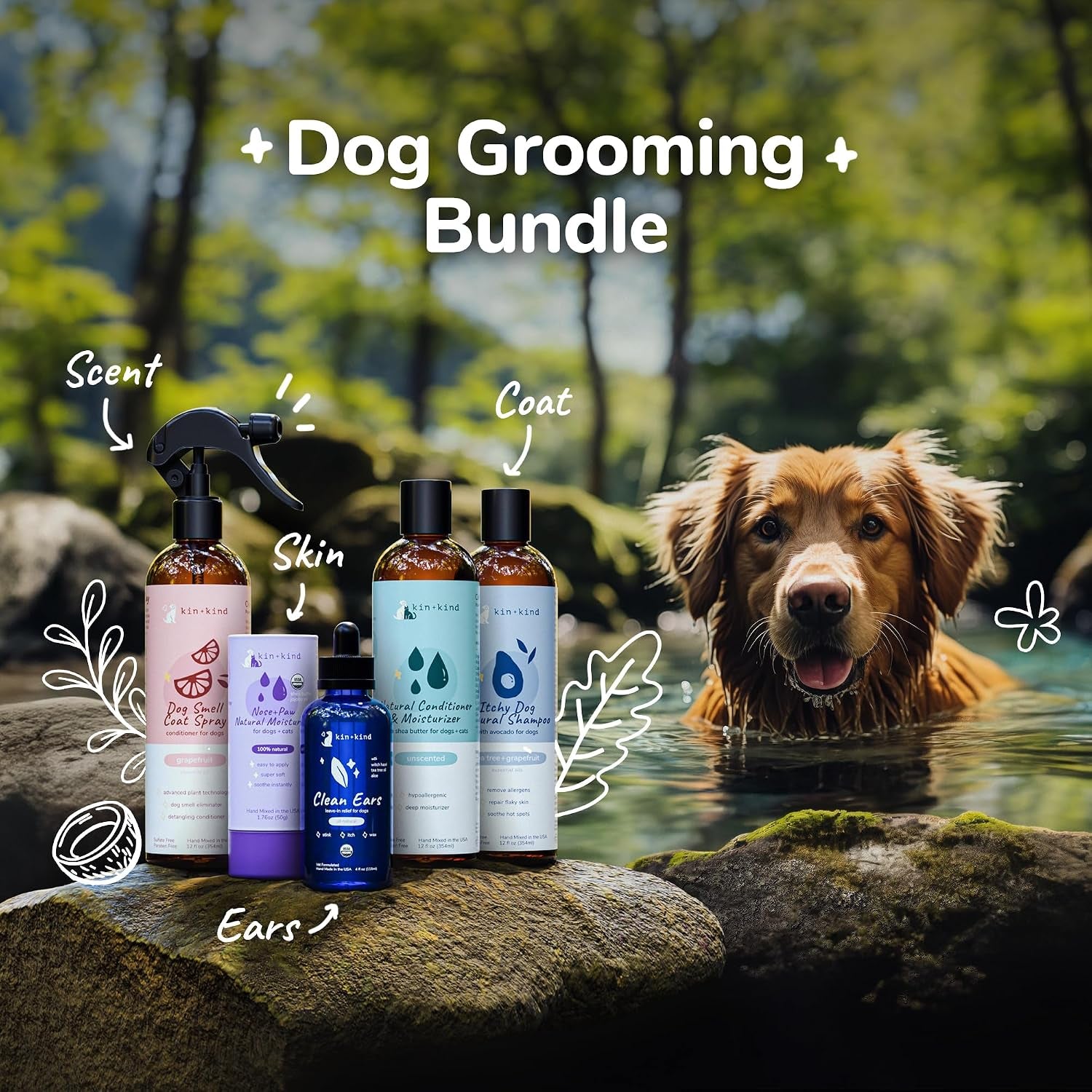 Cat and Dog Grooming Supplies Bundle – Dog Spray, Paw Balm and Ear Cleaner, Dog Shampoo and Conditioner – Natural Care Kit to Clean, Soothe, and Nourish Your Pet’S Coat, Paws, and Ears