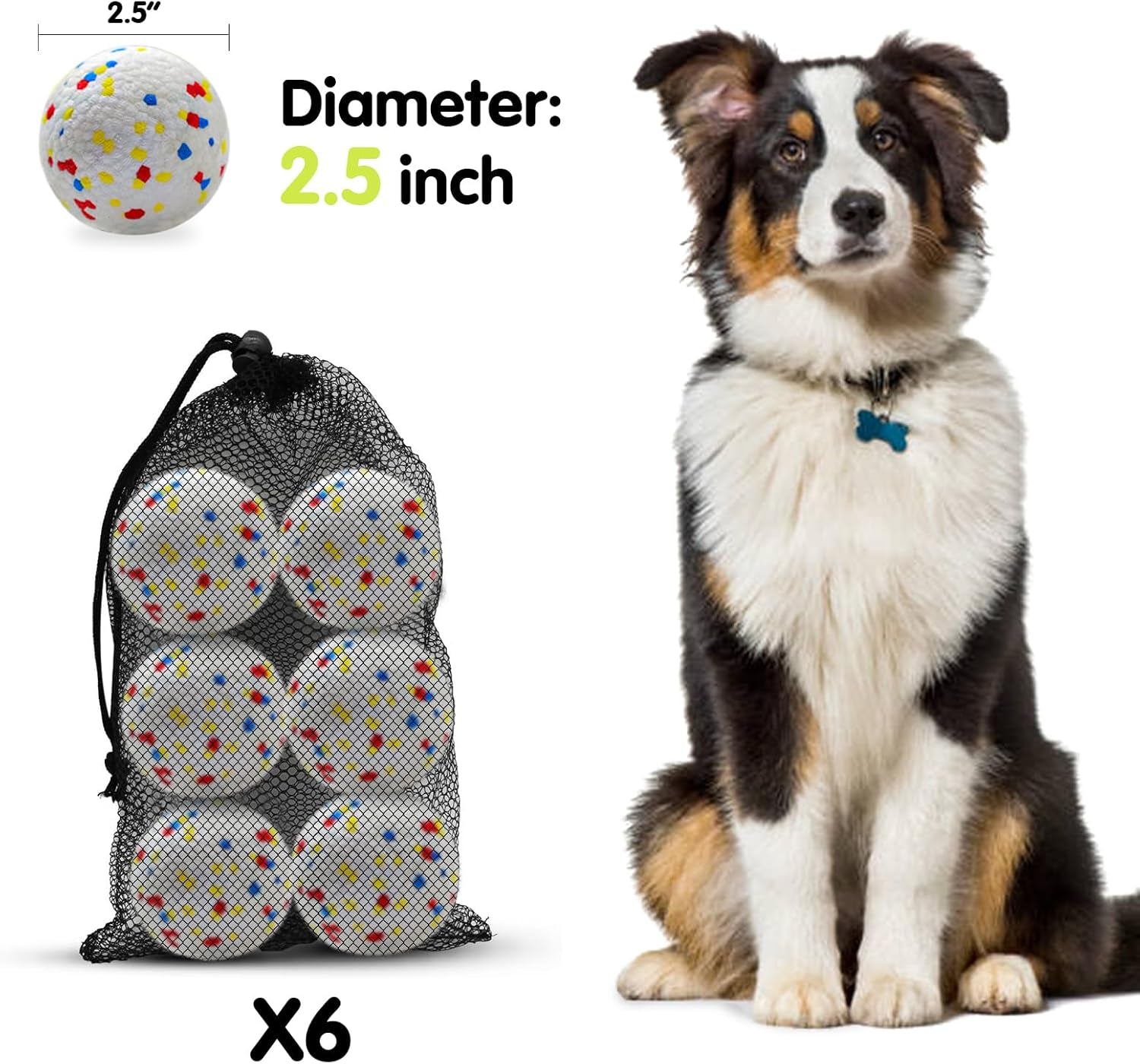 Dog Balls 2.5 Inch, Indestructible Dogs Tennis Balls 6 Pack for Aggressive Chewers, Durable Bouncy Floating Interactive Dog Toys for Large and Medium Dogs, Packed in Mesh Bag (ETPU Material)