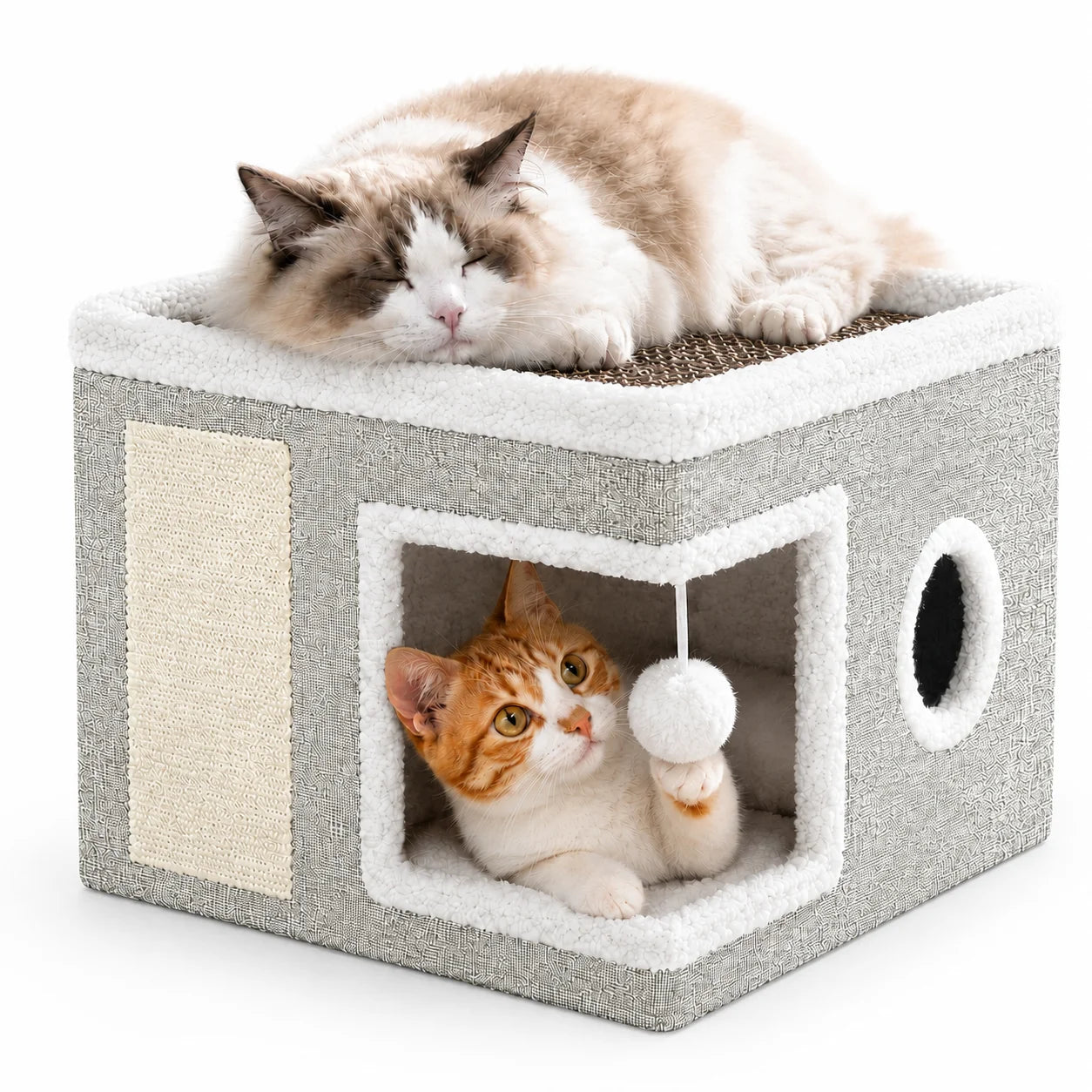 Cat Bed  Cat House for Indoor Cats with 2 Cushion, Large Cat Cave with Scratch Pad and Fluffy Ball Hanging, Light Gray