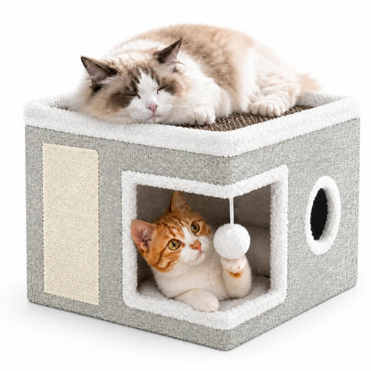 Cat Bed  Cat House for Indoor Cats with 2 Cushion, Large Cat Cave with Scratch Pad and Fluffy Ball Hanging, Light Gray