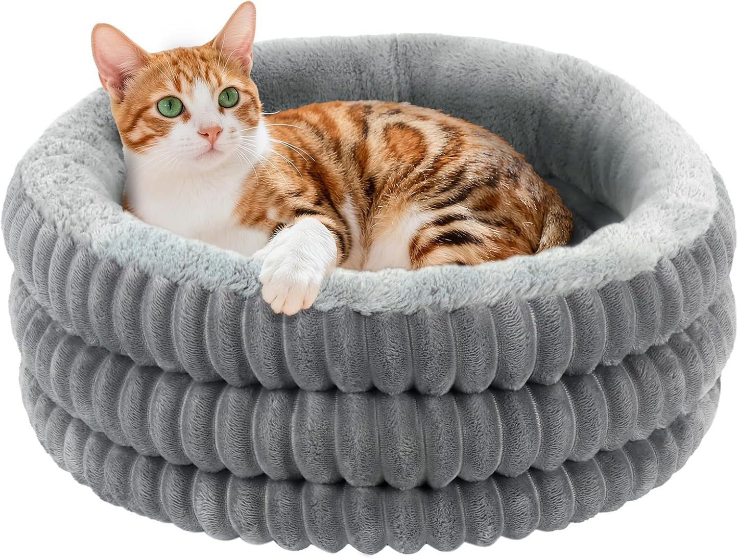 Cat Bed, 20’’ round Donut Fluffy Cat Beds for Indoor Cats and Small Dogs, Washable Deep Sleep Calming Pet Bed Kitten Bed