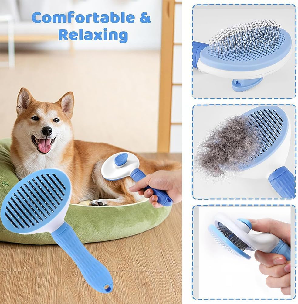 7Pcs Pet Grooming Kit, Self-Cleaning Brush Shedding Kit with Nail Clipper, Flea Comb, Shampoo Bath Brush, Finger Toothbrush