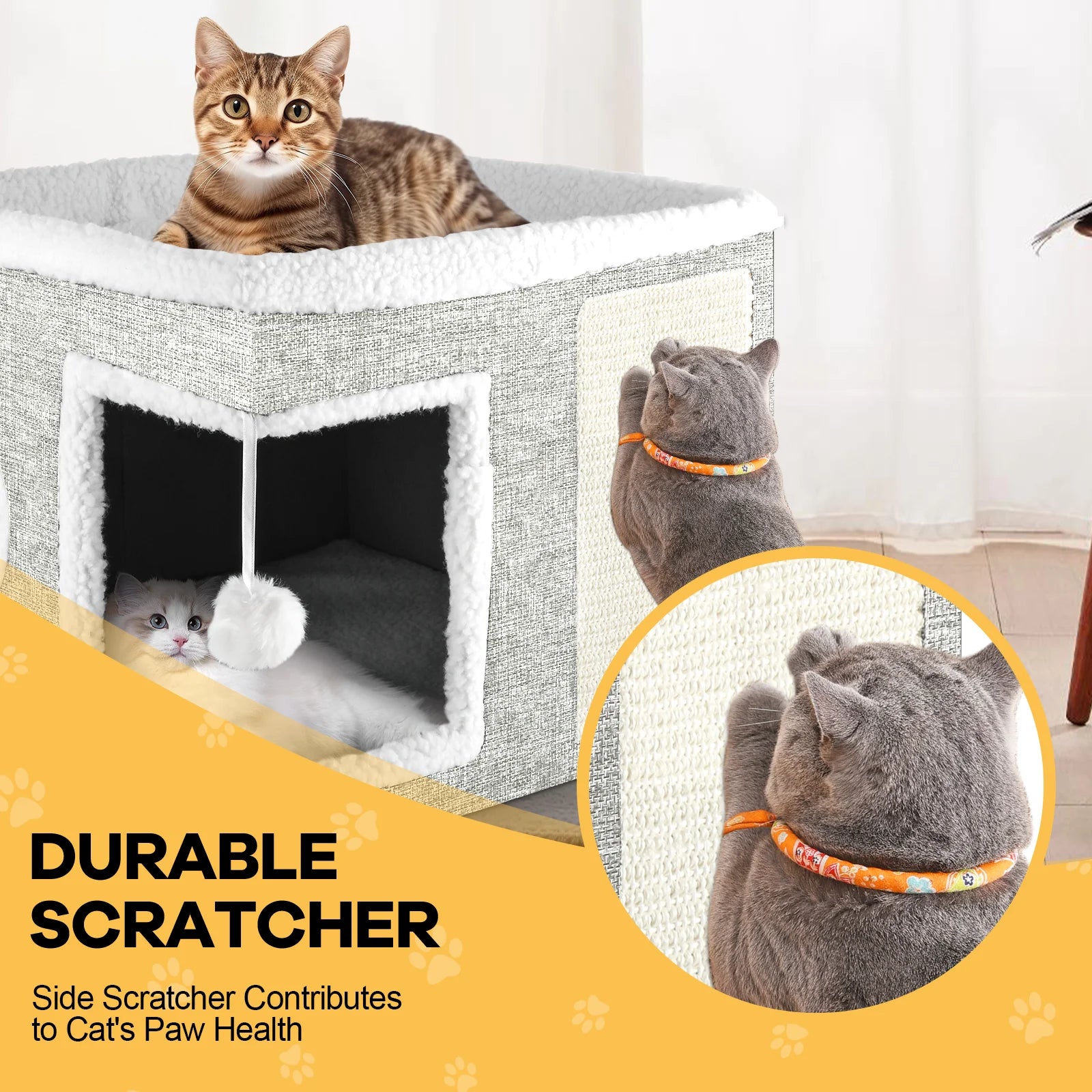 Cat Bed  Cat House for Indoor Cats with 2 Cushion, Large Cat Cave with Scratch Pad and Fluffy Ball Hanging, Light Gray