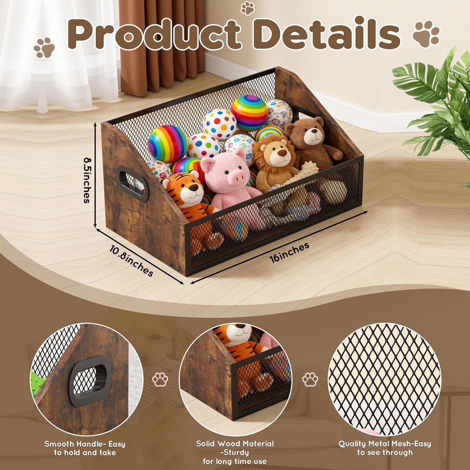 Wood Dog Toy Bin, Dog Toy Box(Rustic Brown)