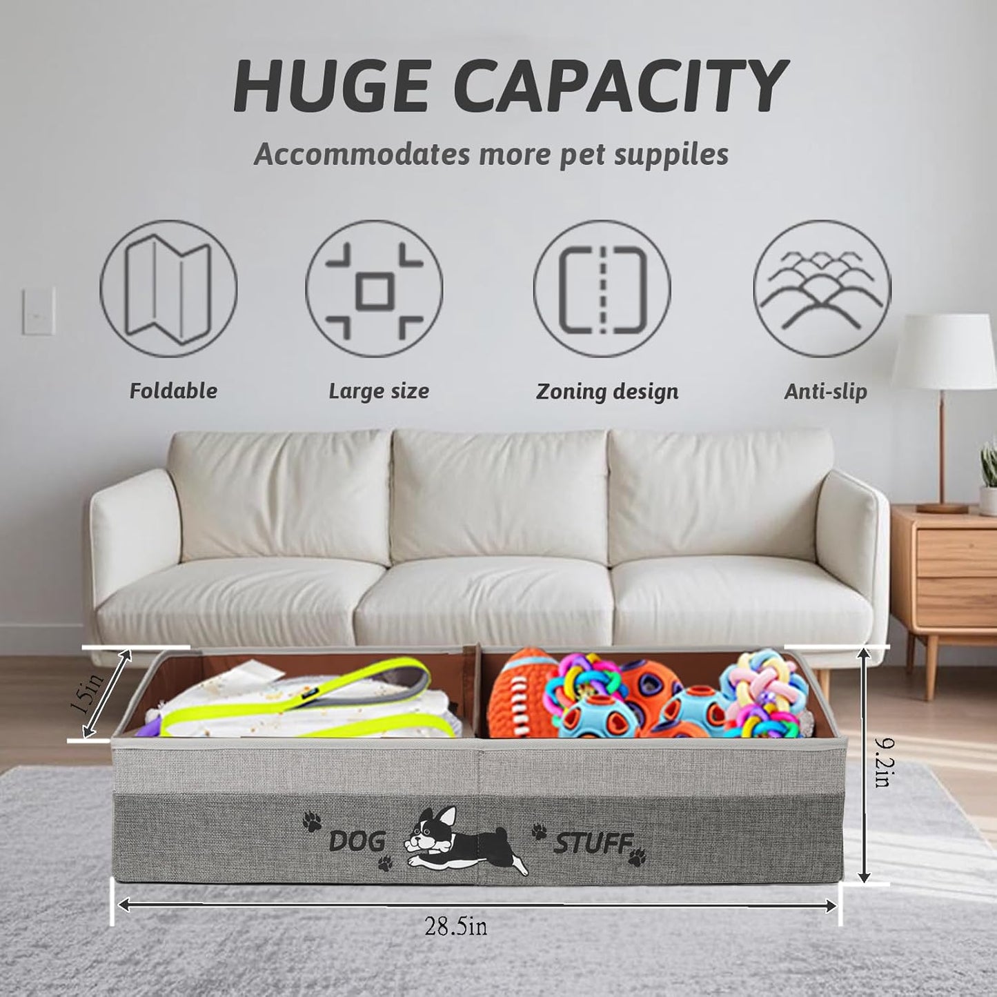 Large Dog Toy Basket with Handles, 28.5" Collapsible Multi-Purpose Hard Board Dog Toy Box, Clothes, Cute for Living Room Area (Gray,Coffee)