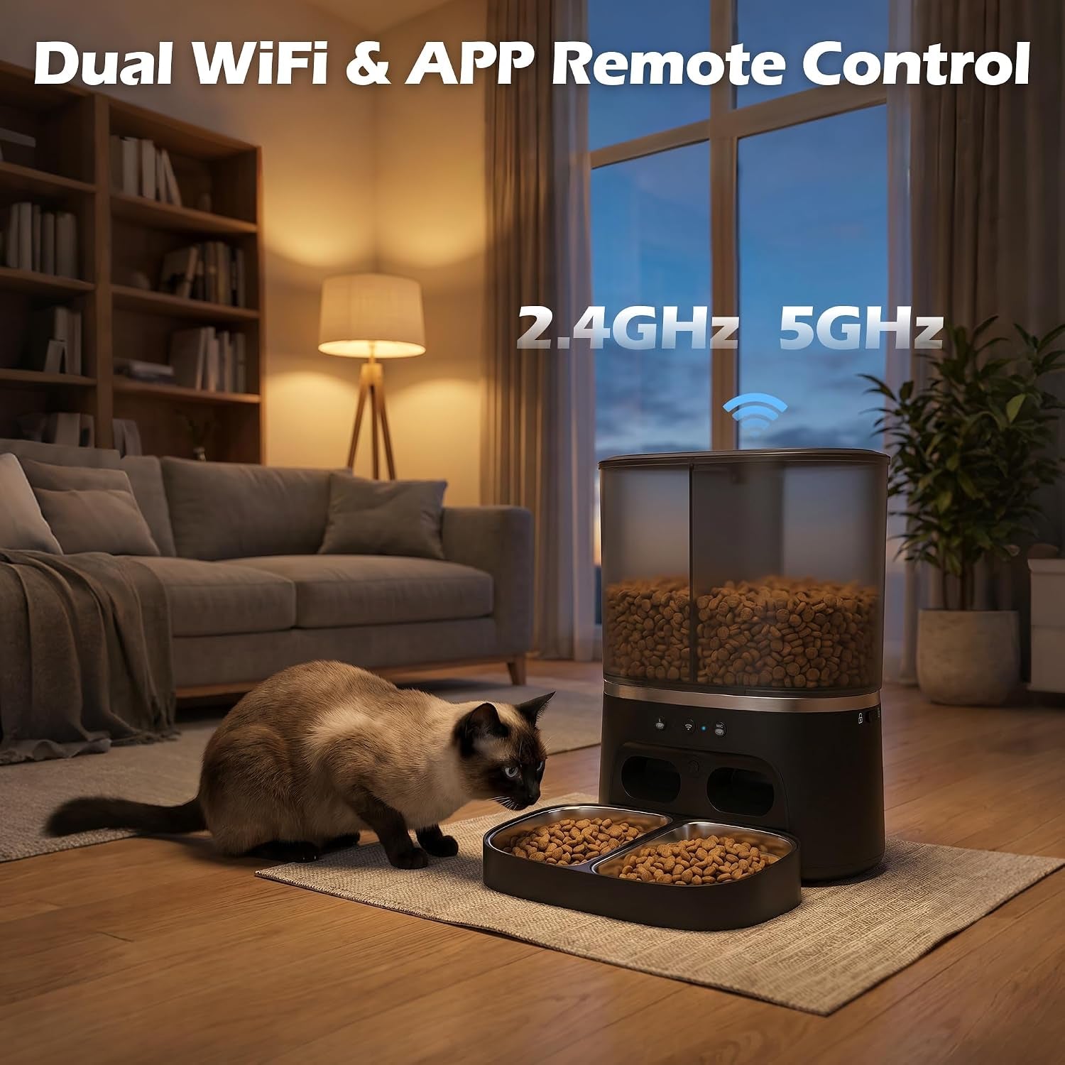 Automatic Cat Feeder with Camera, Automatic Dog Feeder Dry Food, 8L Dual Hopper Auto Cat Food Dispenser, 1080P HD Video with Night Vision/2-Way Audio/App, 5G Wifi Pet Feeder with Low Food Tray-Black
