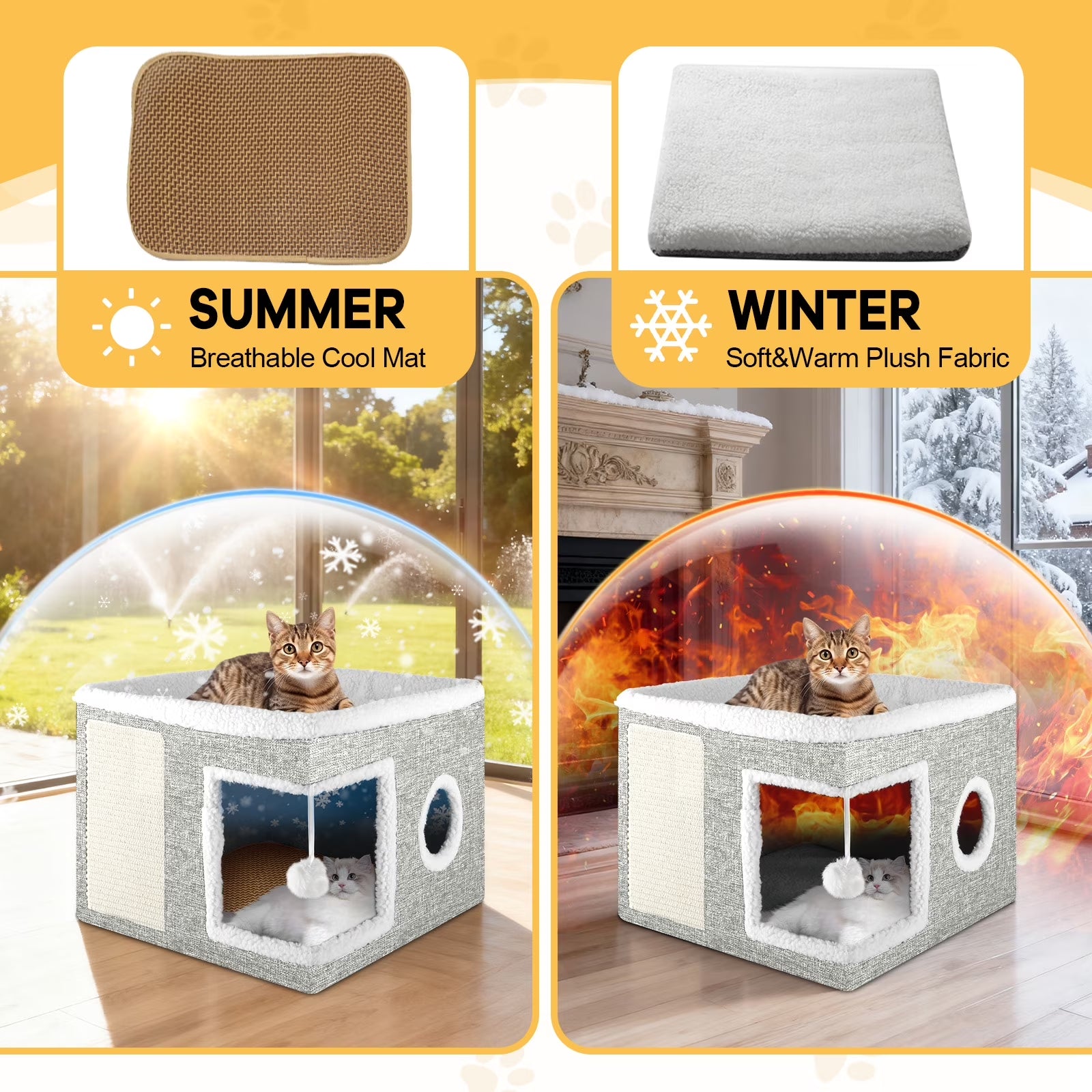 Cat Bed  Cat House for Indoor Cats with 2 Cushion, Large Cat Cave with Scratch Pad and Fluffy Ball Hanging, Light Gray