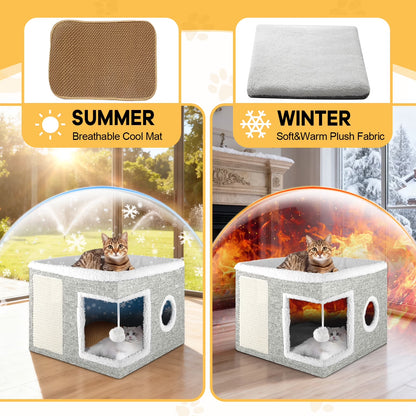 Cat Bed  Cat House for Indoor Cats with 2 Cushion, Large Cat Cave with Scratch Pad and Fluffy Ball Hanging, Light Gray