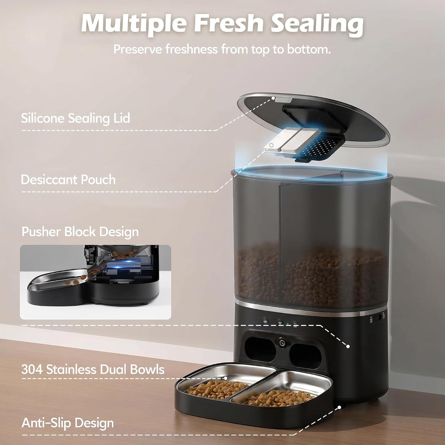 Automatic Cat Feeder with Camera, Automatic Dog Feeder Dry Food, 8L Dual Hopper Auto Cat Food Dispenser, 1080P HD Video with Night Vision/2-Way Audio/App, 5G Wifi Pet Feeder with Low Food Tray-Black