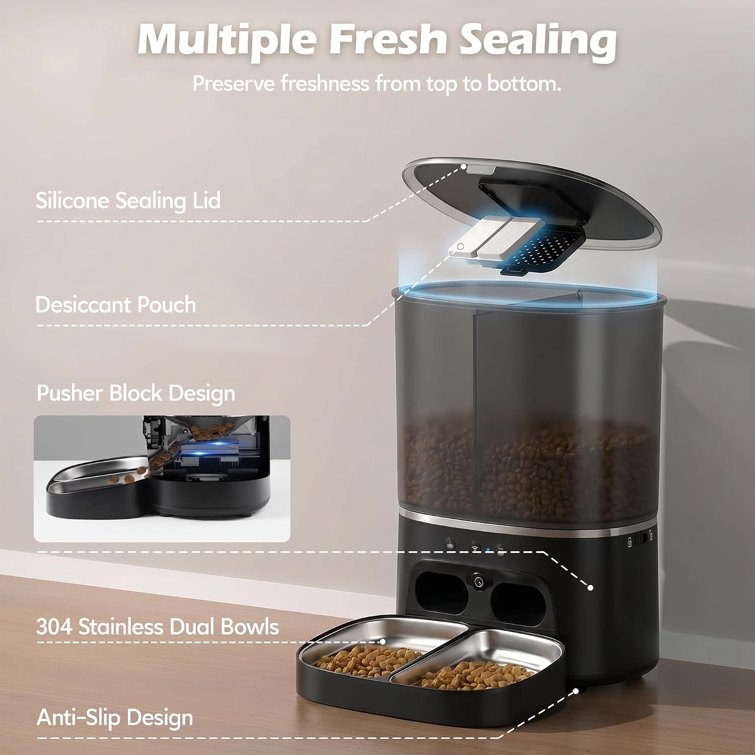 Automatic Cat Feeder with Camera, Automatic Dog Feeder Dry Food, 8L Dual Hopper Auto Cat Food Dispenser, 1080P HD Video with Night Vision/2-Way Audio/App, 5G Wifi Pet Feeder with Low Food Tray-Black