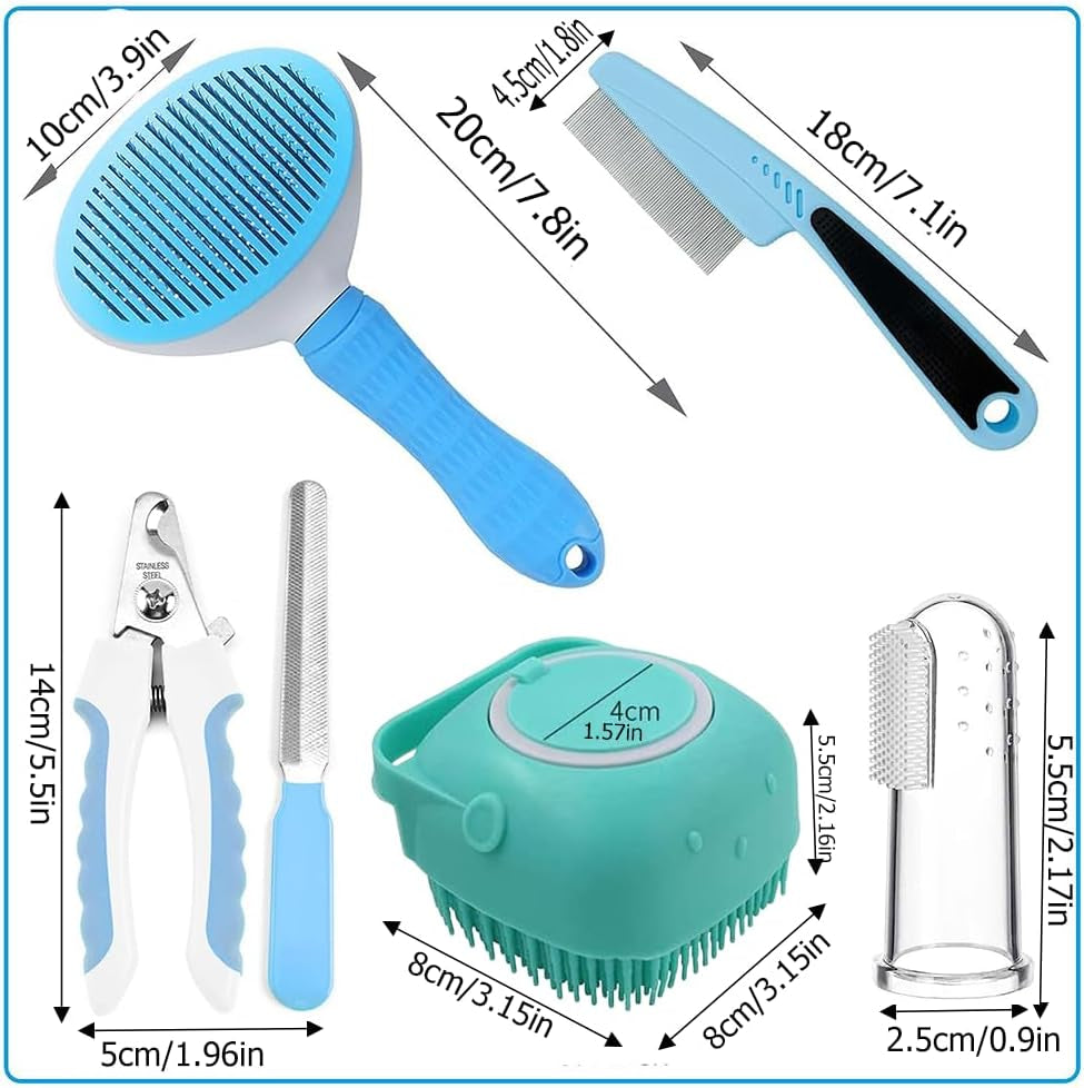 7Pcs Pet Grooming Kit, Self-Cleaning Brush Shedding Kit with Nail Clipper, Flea Comb, Shampoo Bath Brush, Finger Toothbrush