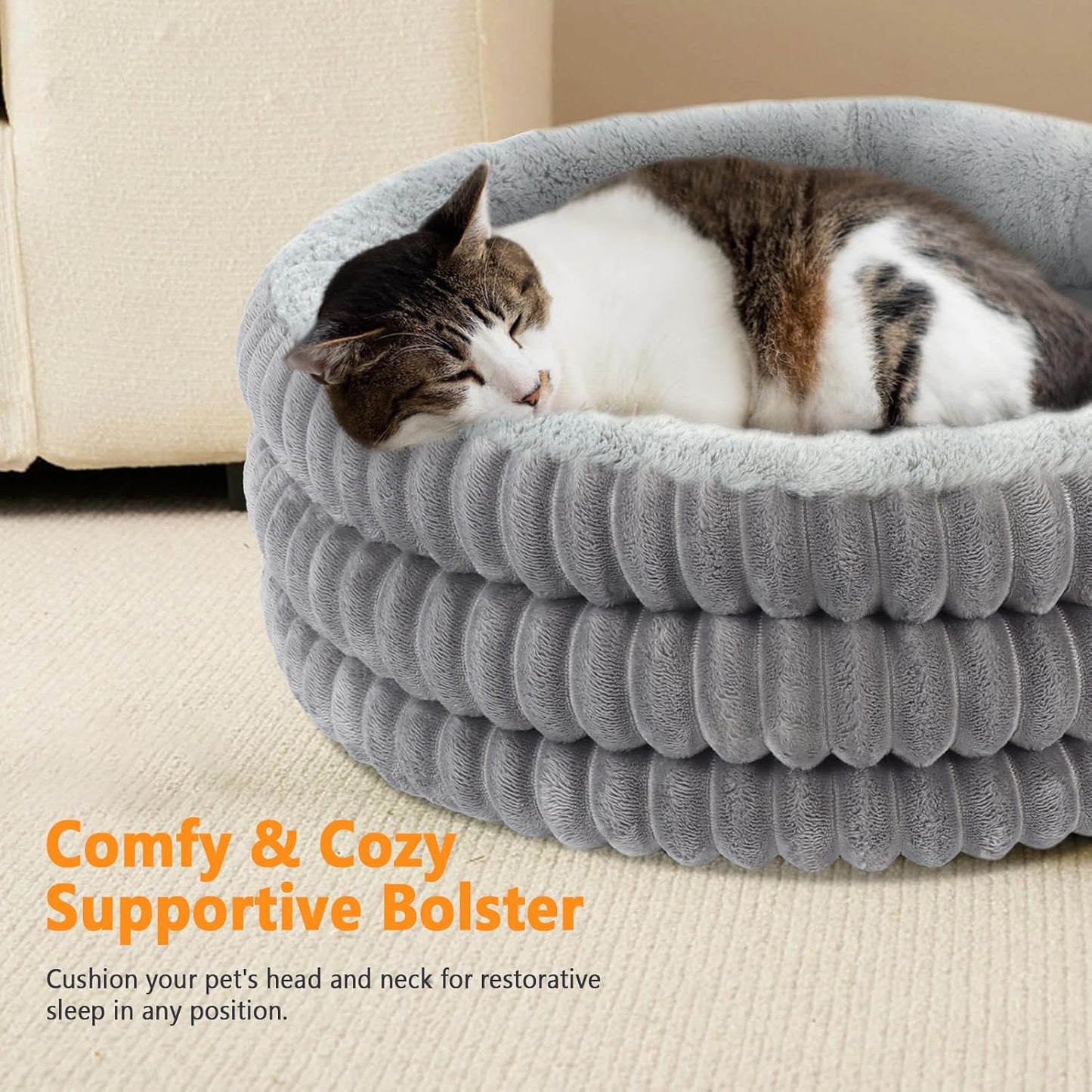 Cat Bed, 20’’ round Donut Fluffy Cat Beds for Indoor Cats and Small Dogs, Washable Deep Sleep Calming Pet Bed Kitten Bed