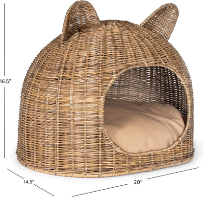 CBD1000A Cat Ear 20" X 14.5" Coastal Handwoven Rattan Cat Bed with Machine-Washable Cushion, Natural