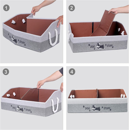 Large Dog Toy Basket with Handles, 28.5" Collapsible Multi-Purpose Hard Board Dog Toy Box, Clothes, Cute for Living Room Area (Gray,Coffee)