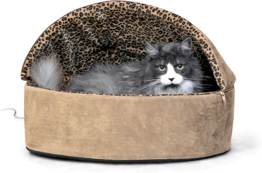 Thermo-Kitty Bed Deluxe Heated Cat Bed for Large Kitties - Indoor Heated Pet Bed for Dogs & Cats, Covered Cave Pet Tent, Machine Washable, Safety Listed - Large 20In Tan/Leopard