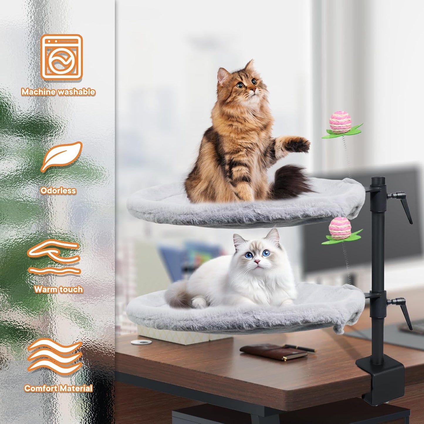 Double Cat Desk Bed, 360° Rotating & Adjustable Desk Mount with Soft Faux Fur & Breathable Mesh Accessories, Ergonomic Cat Perch for Remote Workers,Gamers, and Office Staff - Supports up to 44 Lbs