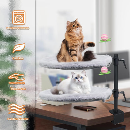 Double Cat Desk Bed, 360° Rotating & Adjustable Desk Mount with Soft Faux Fur & Breathable Mesh Accessories, Ergonomic Cat Perch for Remote Workers,Gamers, and Office Staff - Supports up to 44 Lbs
